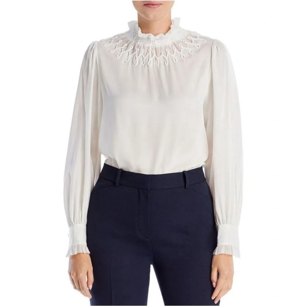 Kobi Halperin Womens Maria Ivory Silk Mock Neck Ruffled Blouse Size Large NWT